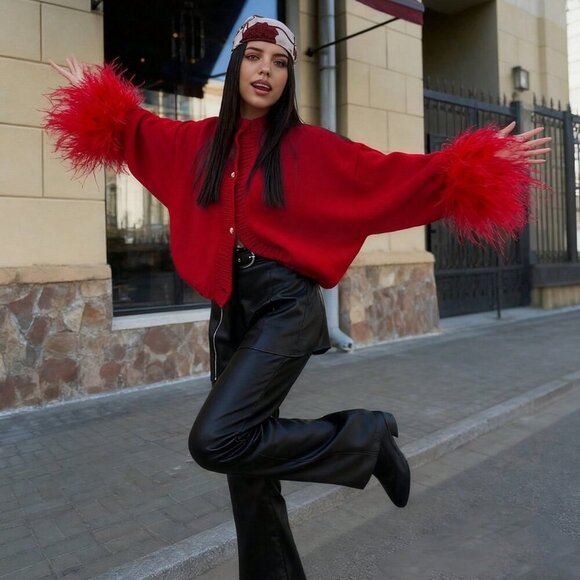 Red Casual Women's Furry Cuffs Metal Button knit sweater cardigan - Picture 5 of 7